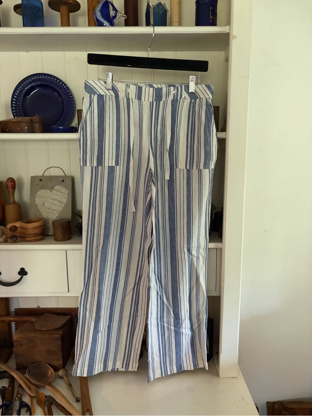 Land ‘ N Sea Striped Blue and White Wide-Leg Linen Blend Pants